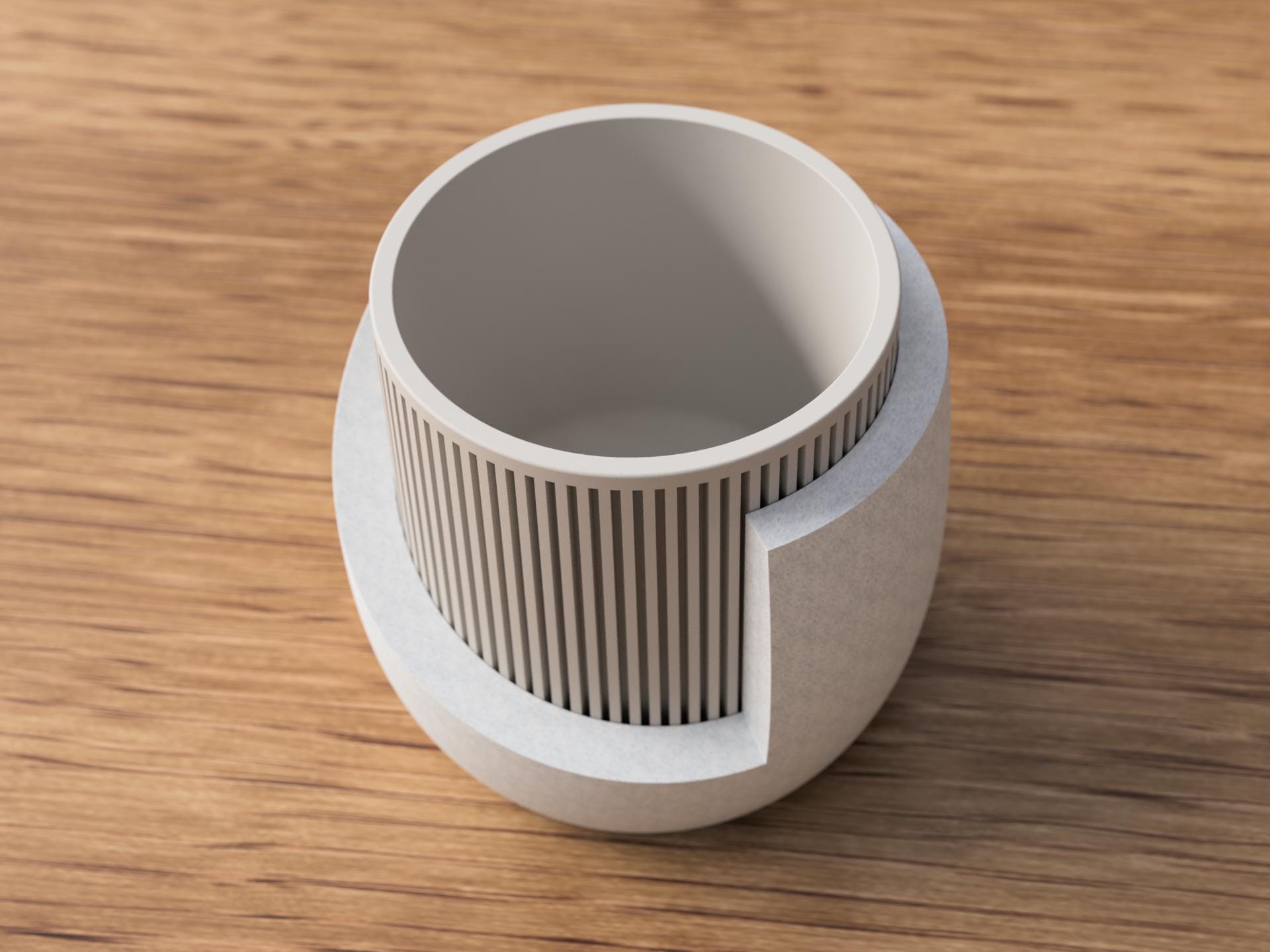 Cylindrical ceramic product with textured design on a wooden surface