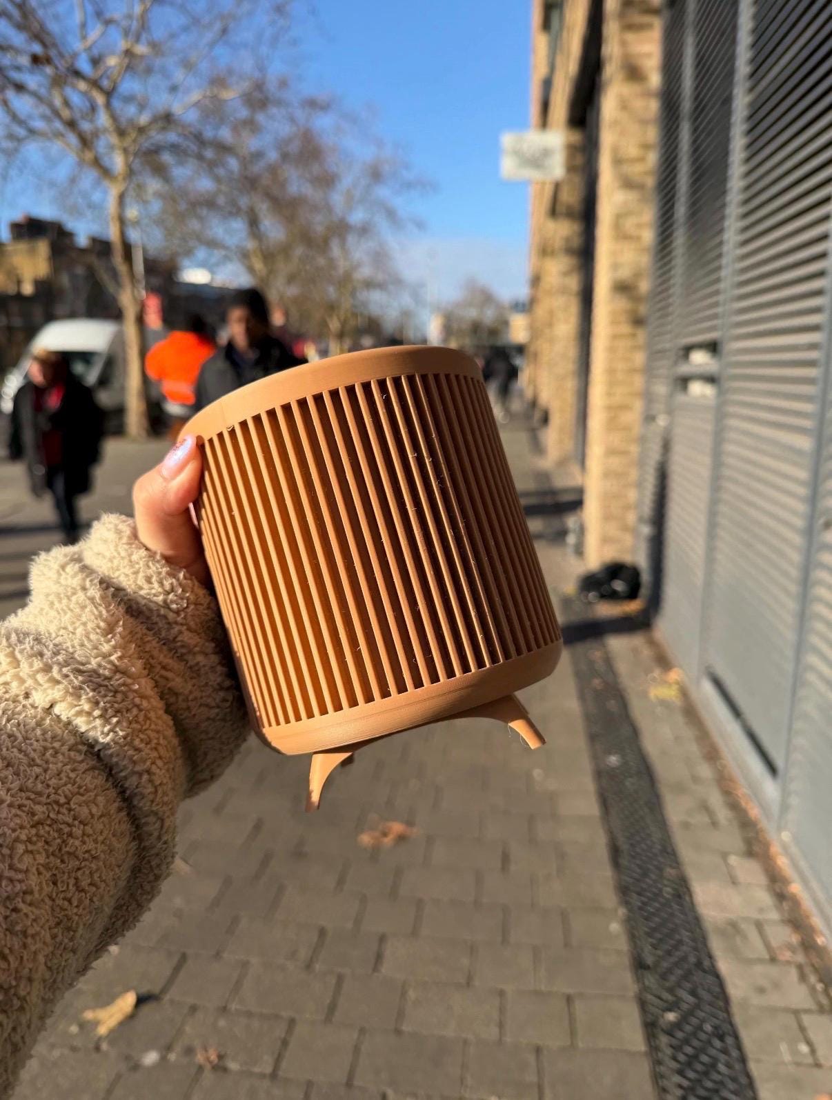 Mid-Century Modern Planter: Ribbed Cylinder with Tapered Legs
