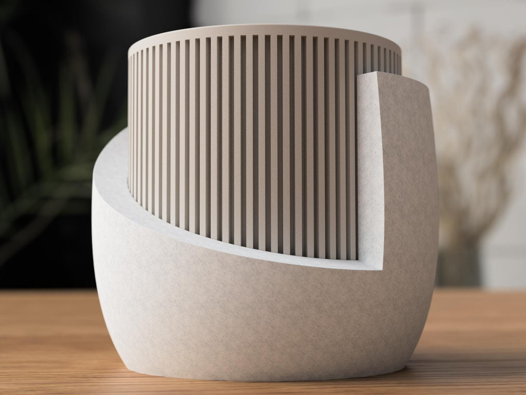 Modern vase with a geometric design on a wooden surface