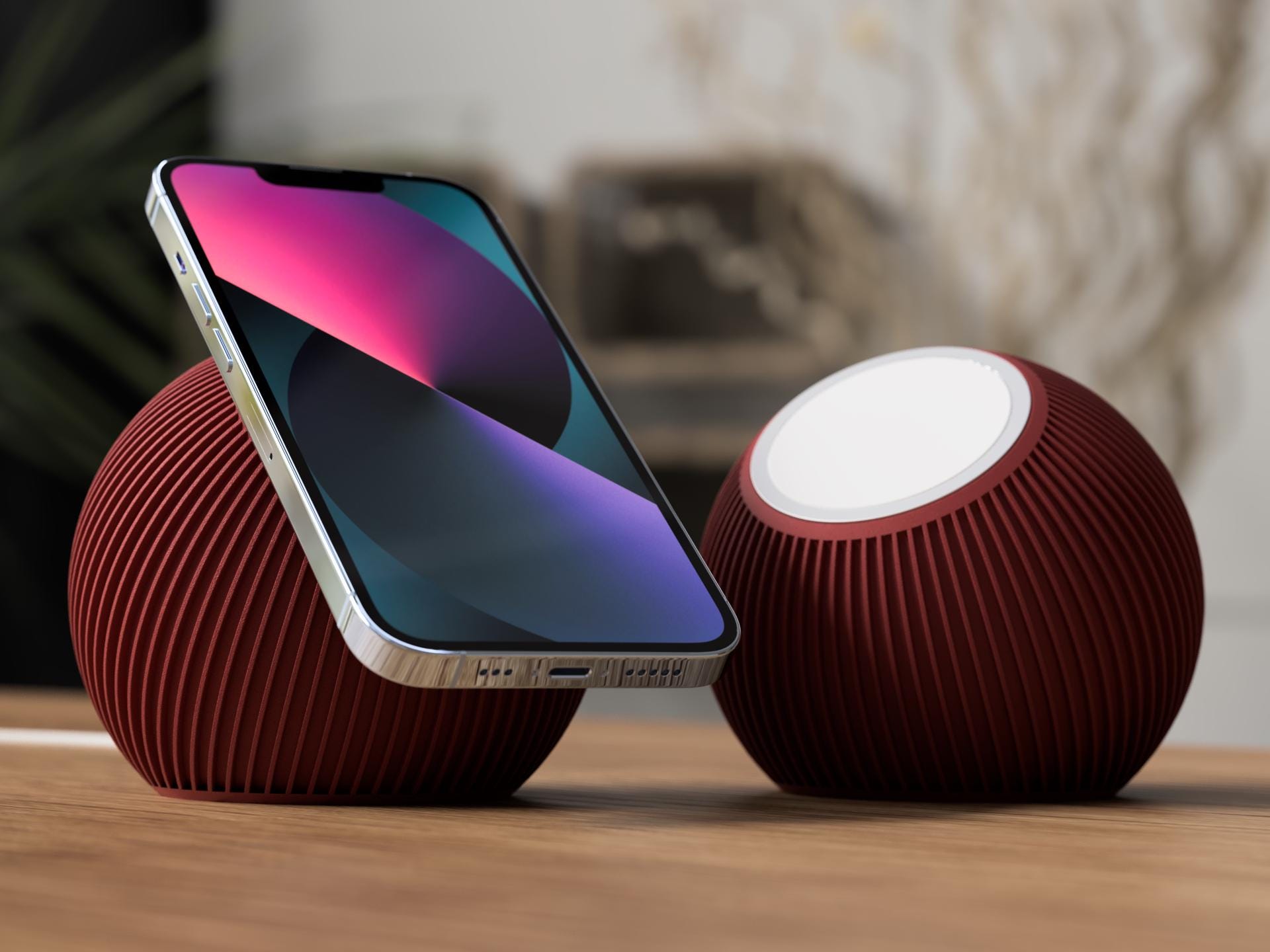 Smartphone on a textured red stand with a blurred background