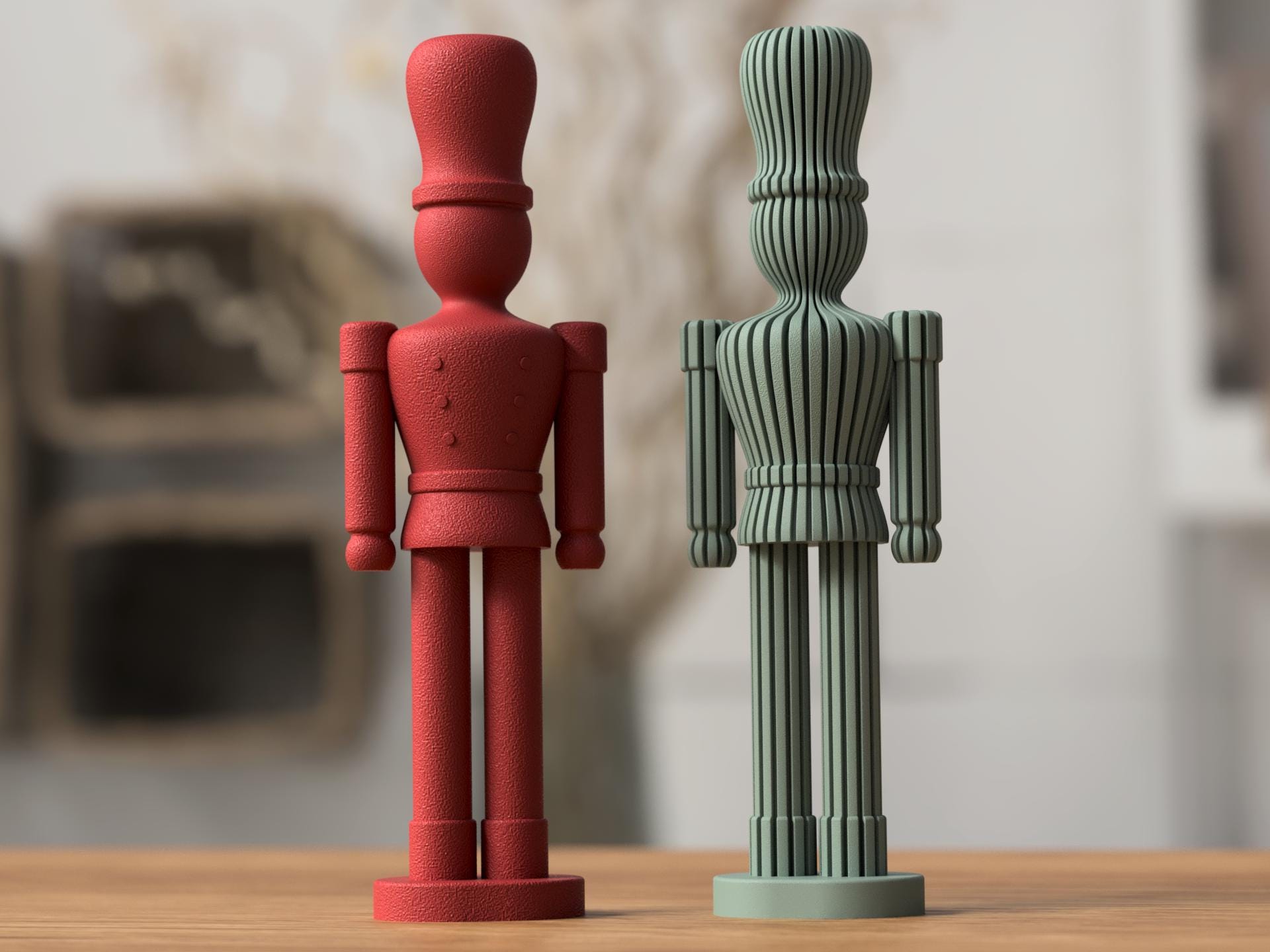 Two figurines, one red and one green, on a wooden surface with a blurred background.