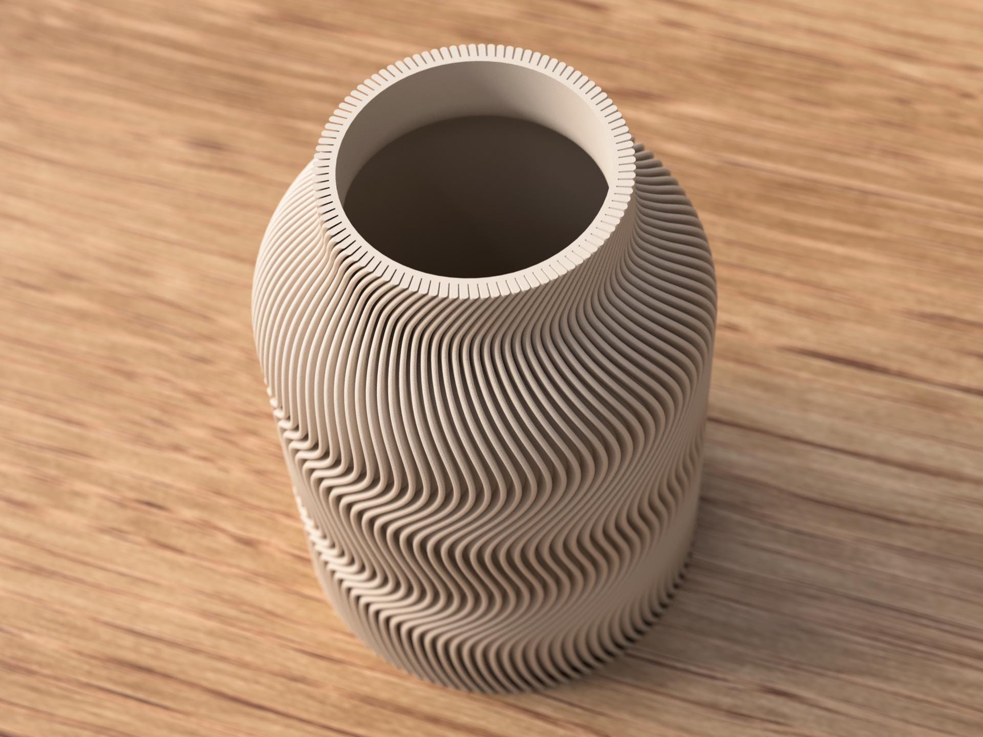 Textured vase on a wooden surface