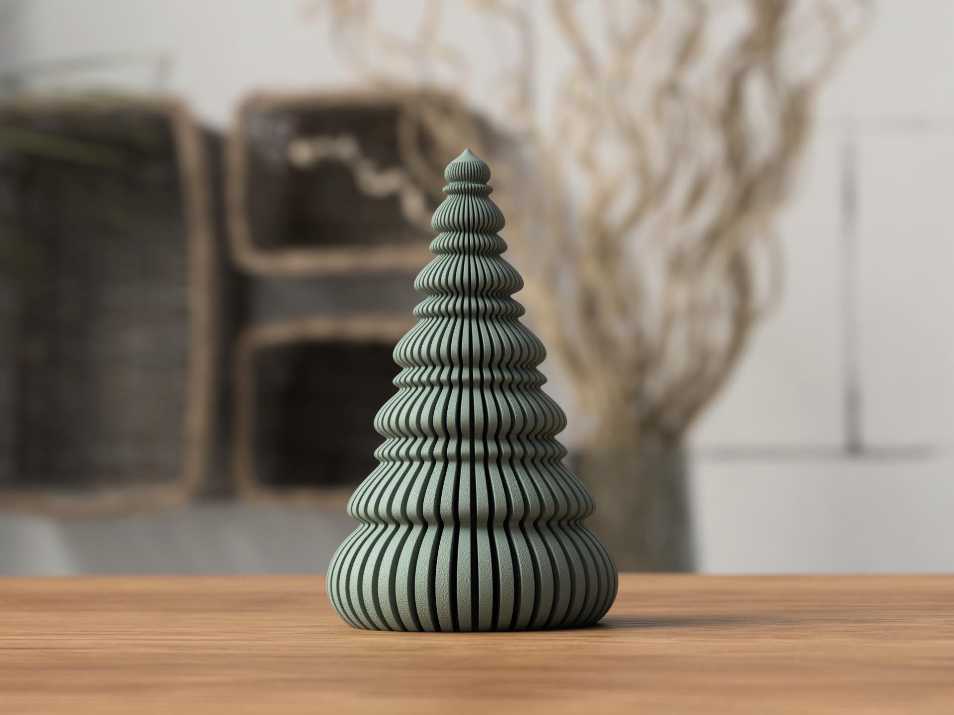 Decorative green ceramic sculpture on a wooden surface with a blurred background