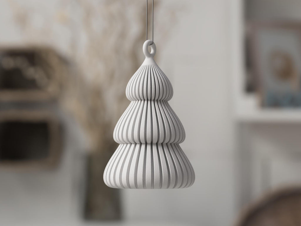 White ribbed pendant light hanging in a room with blurred background
