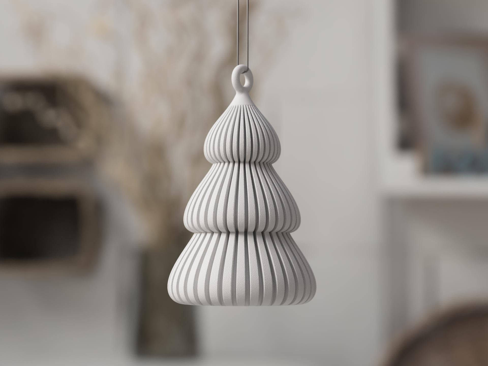 White ribbed pendant light hanging in a room with blurred background