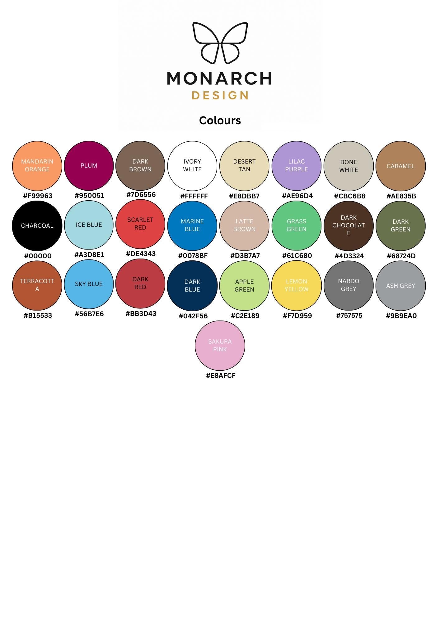 Color swatch chart with Monarch Design logo and color names on a white background