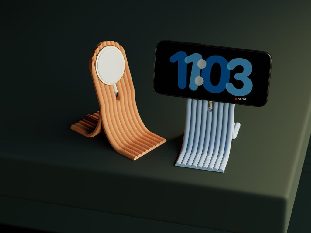Phone stand with a phone displaying the time on a dark surface