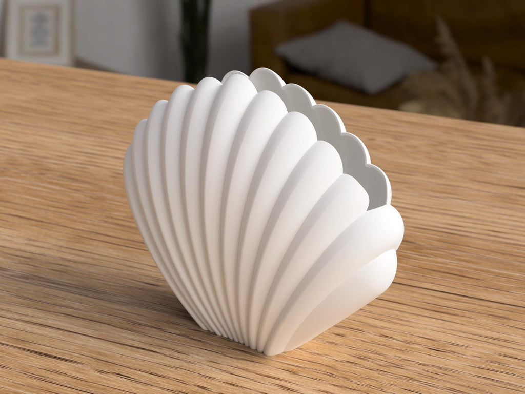 White shell-shaped decorative object on a wooden surface