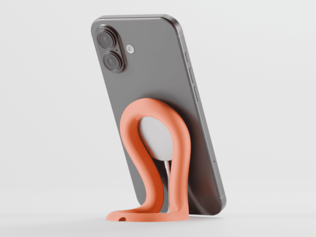 Phone with a pink stand on a light gray background