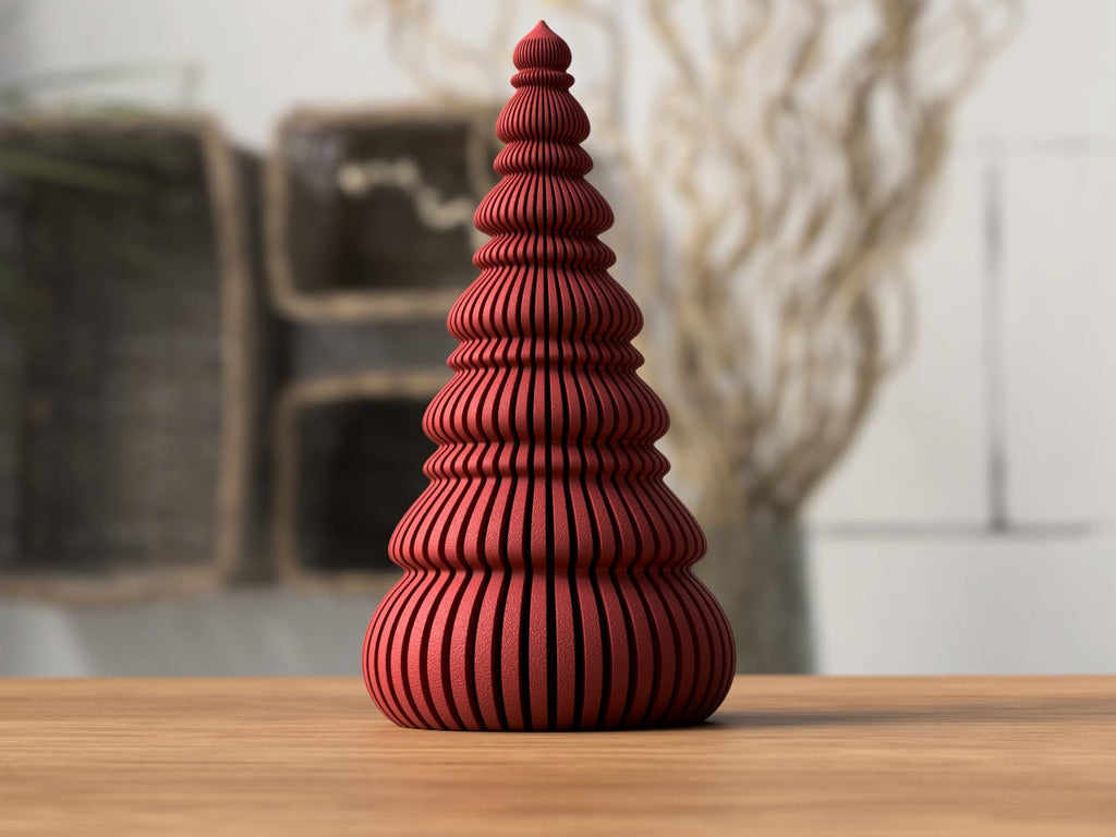 Red textured decorative object on a wooden surface with a blurred indoor background