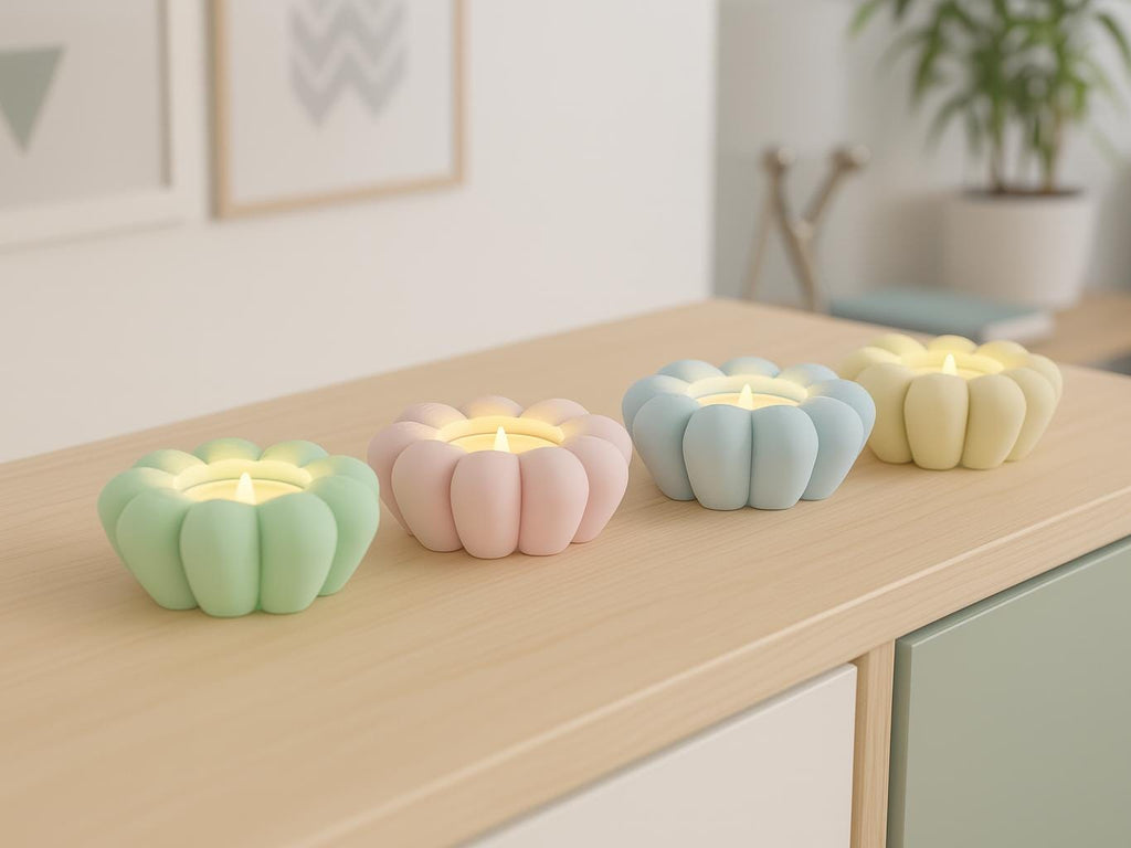Four pastel-colored pumpkin-shaped candles on a wooden surface with a blurred indoor background.