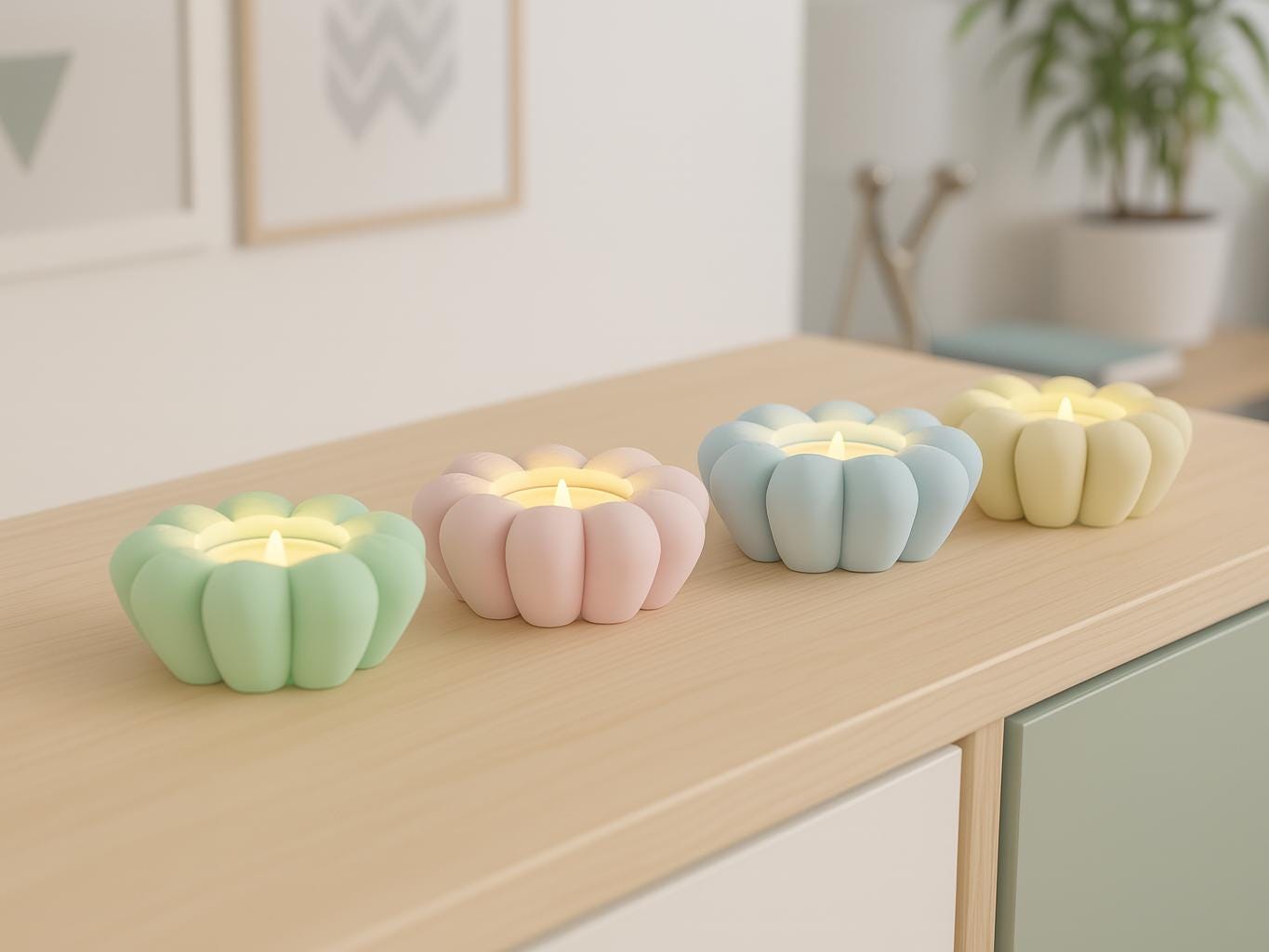 Four pastel-colored pumpkin-shaped candles on a wooden surface with a blurred indoor background.
