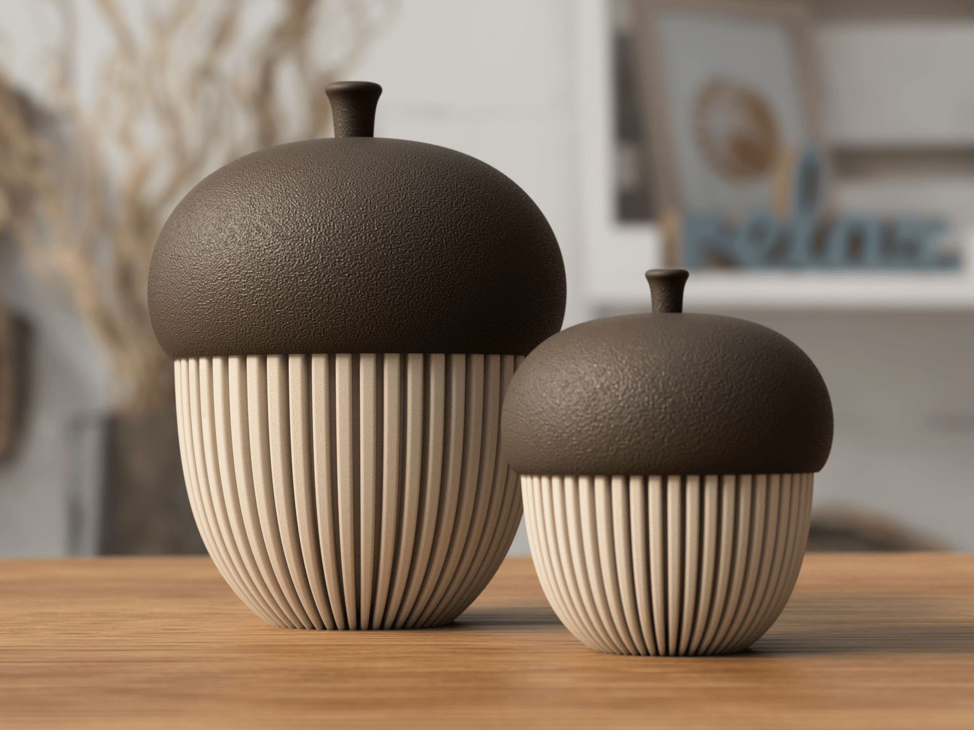 Two ceramic acorn-shaped containers on a wooden surface with a blurred indoor background.