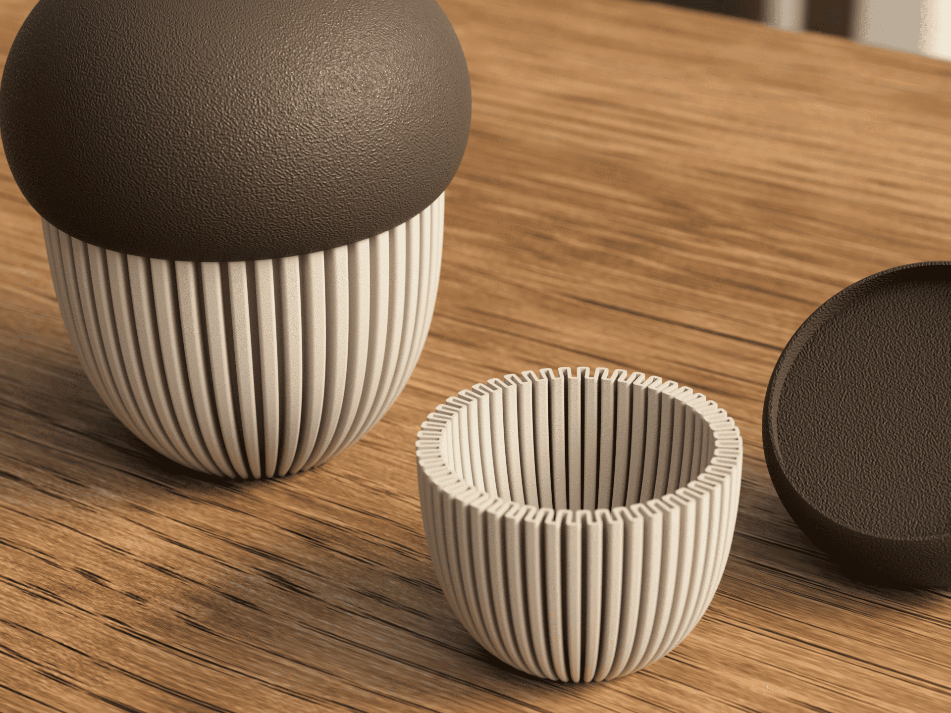 Two ceramic containers with ribbed design on a wooden surface