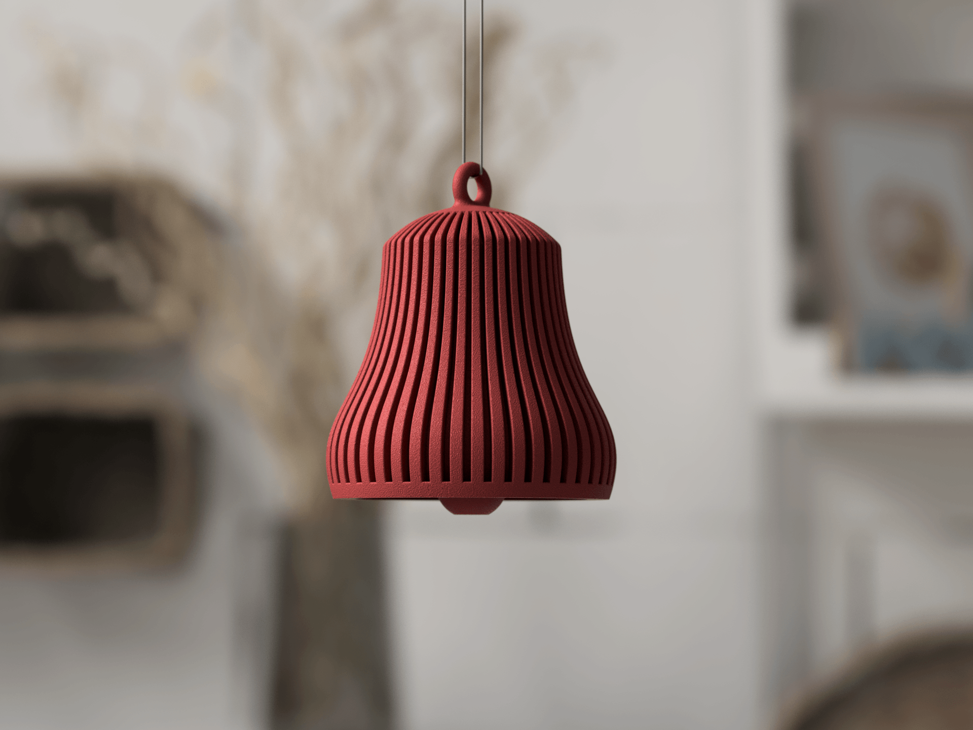 Red textured pendant light hanging against a neutral background