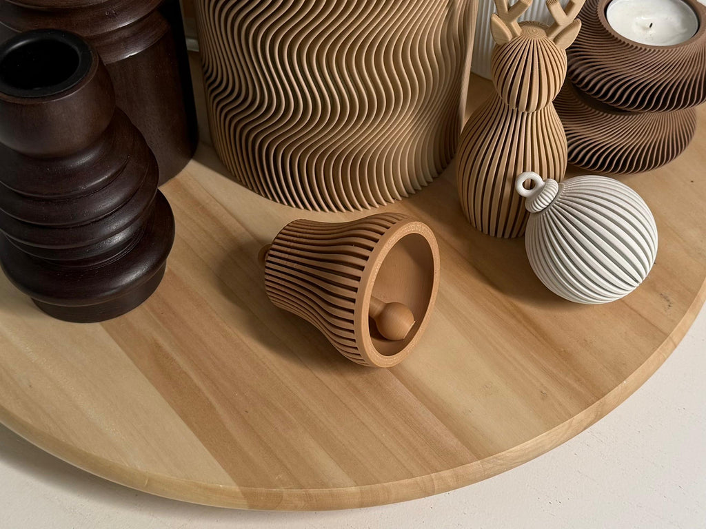 Wooden and ceramic decorative items on a wooden surface