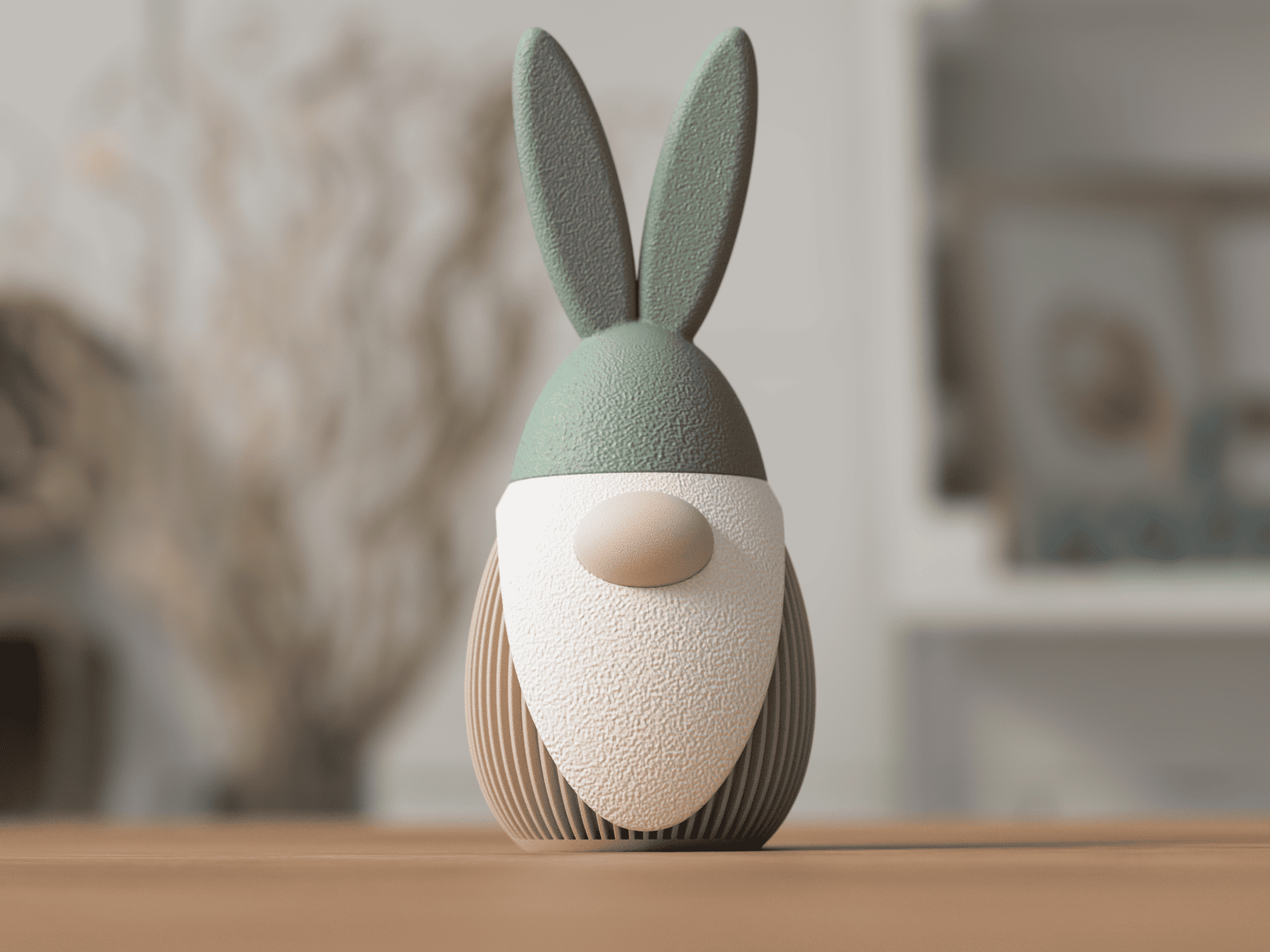 Decorative gnome figure with rabbit ears on a wooden surface
