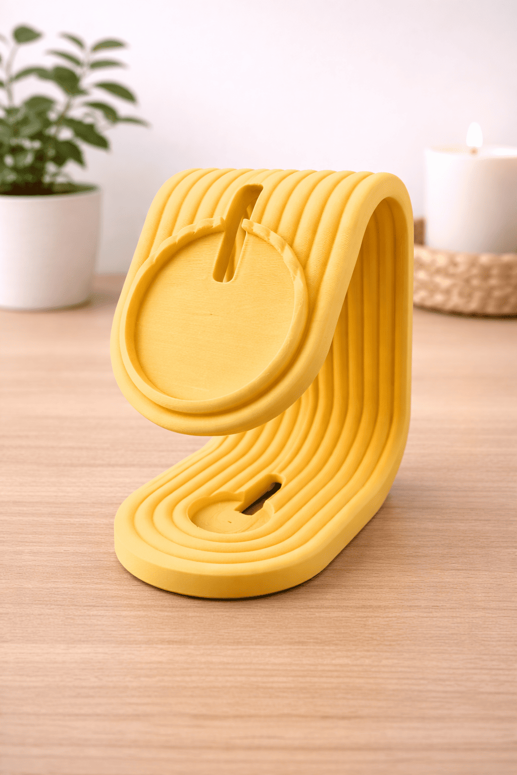 Yellow phone stand on a wooden surface with a plant and basket in the background