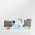 Three tablet stands in different colors on a white background