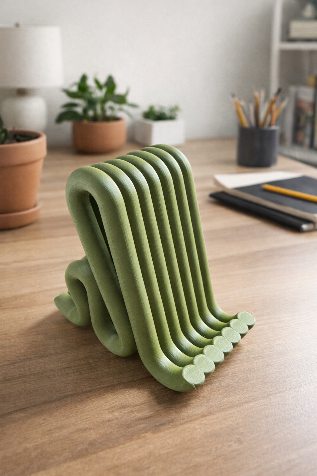 Green phone stand on a wooden desk with office items in the background