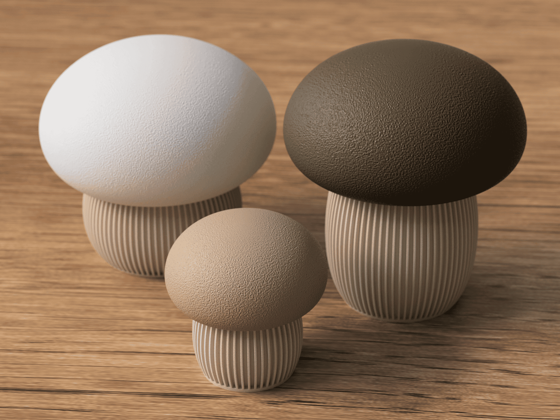 Four mushroom-shaped objects in different colors on a wooden surface