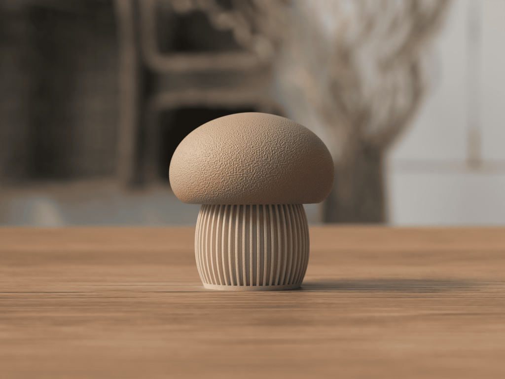 Wooden mushroom-shaped object on a wooden surface with a blurred natural background