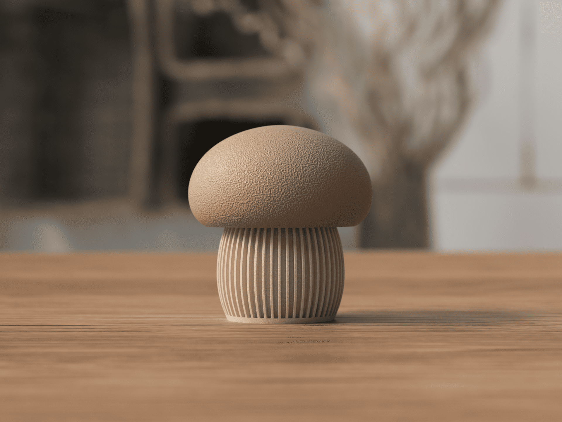Wooden mushroom-shaped object on a wooden surface with a blurred natural background