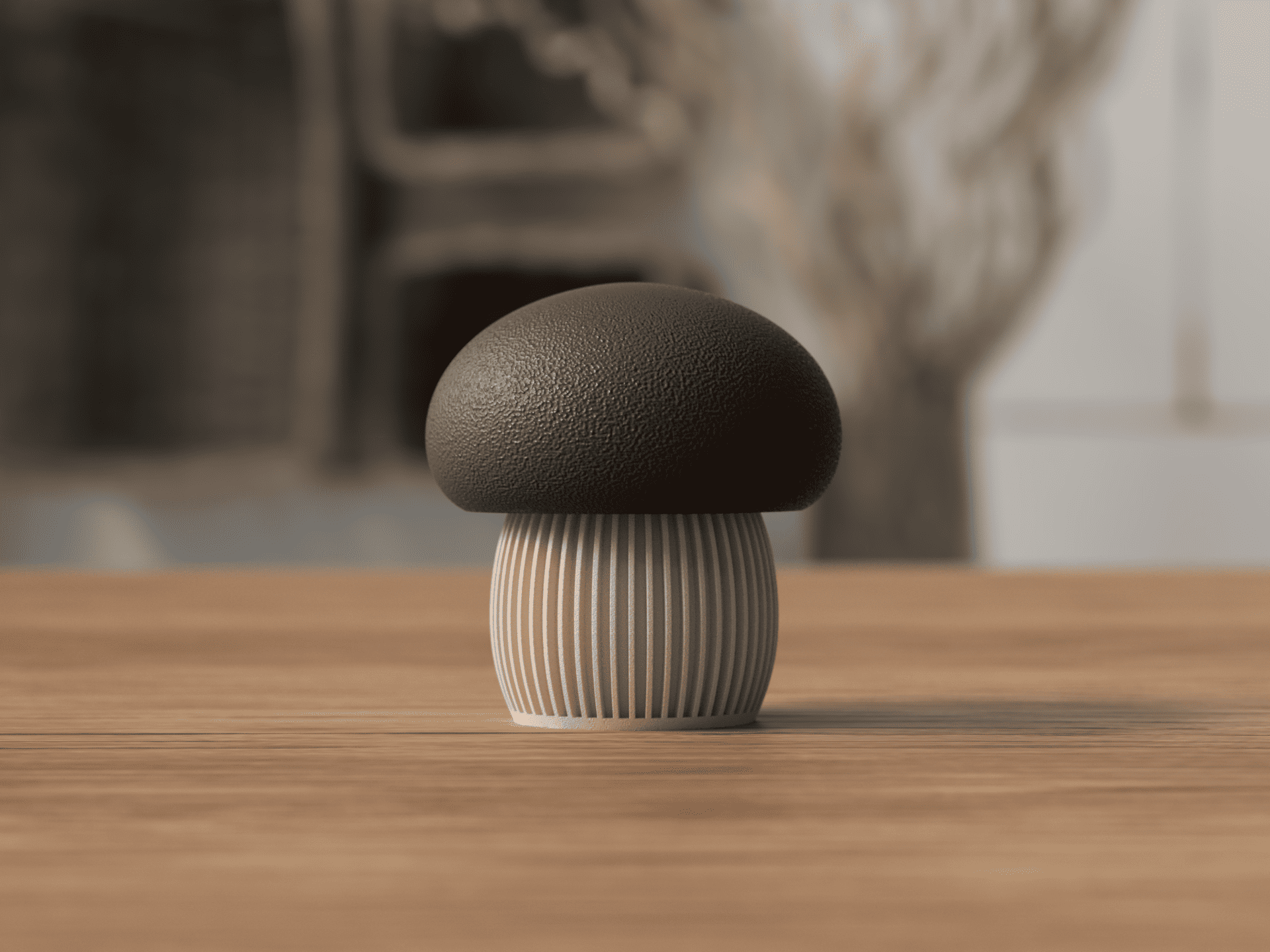 Mushroom-shaped object on a wooden surface with a blurred natural background