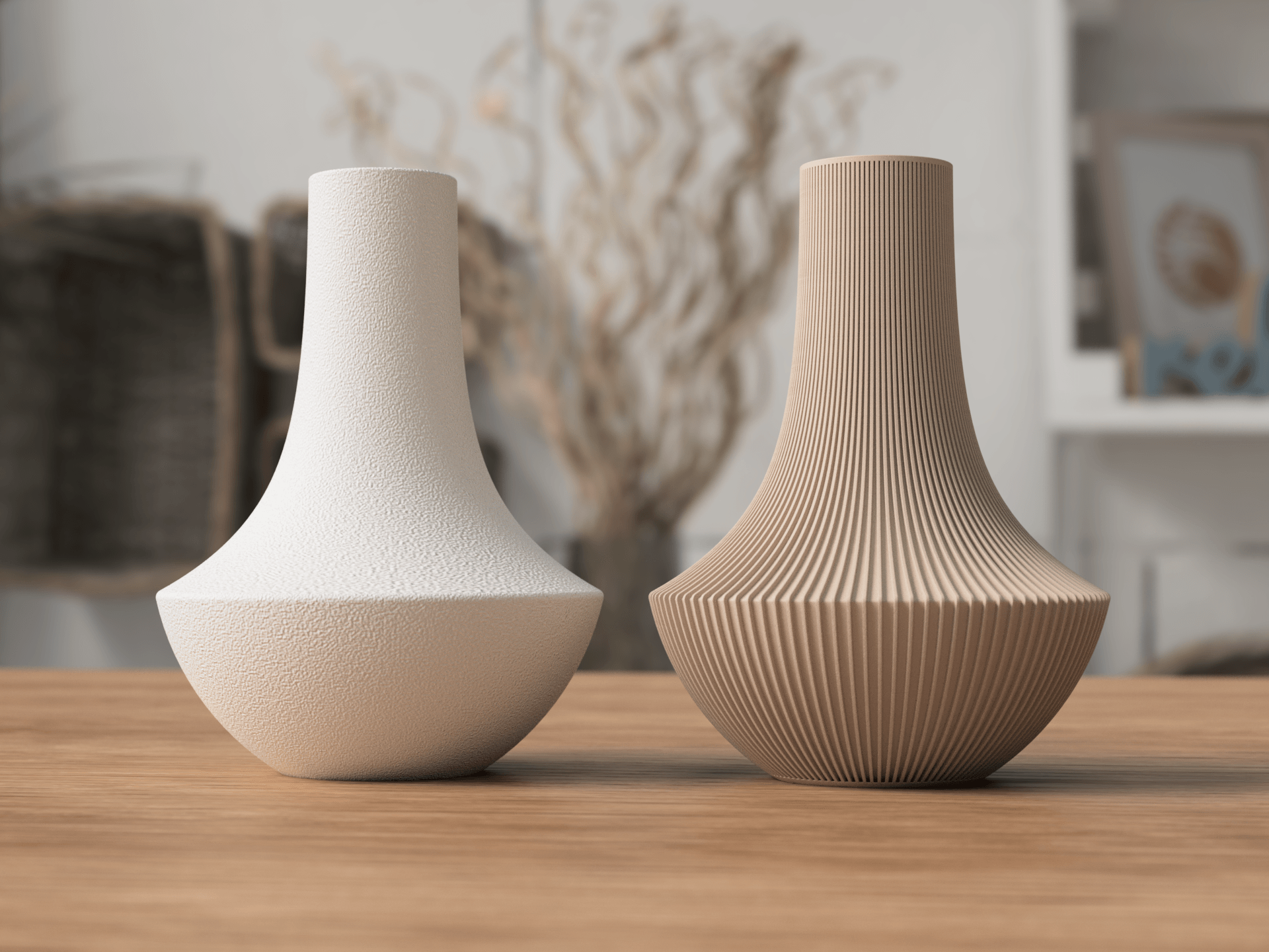 Two ceramic vases on a wooden surface with a blurred indoor background