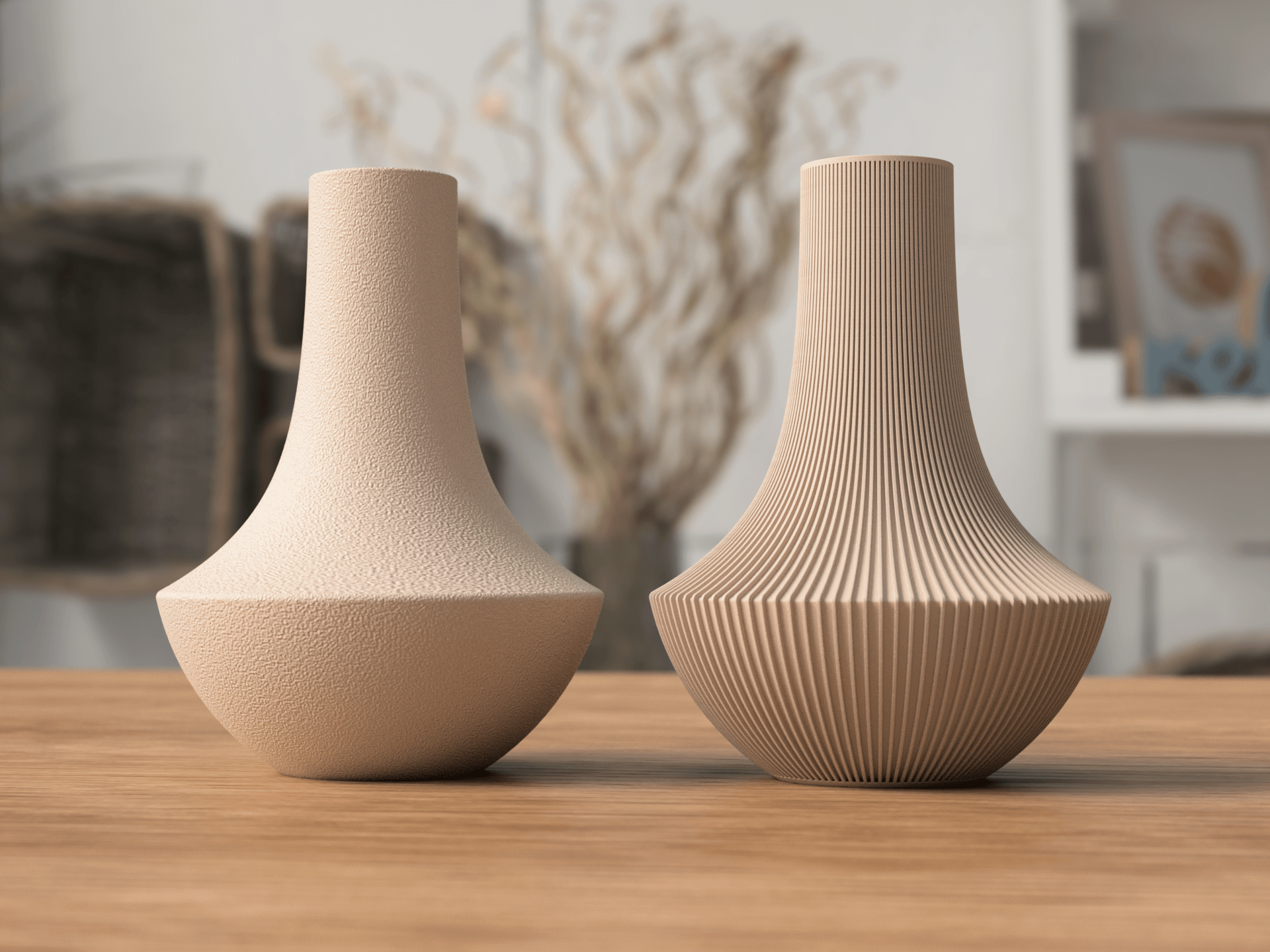 Two beige vases with textured surfaces on a wooden surface.
