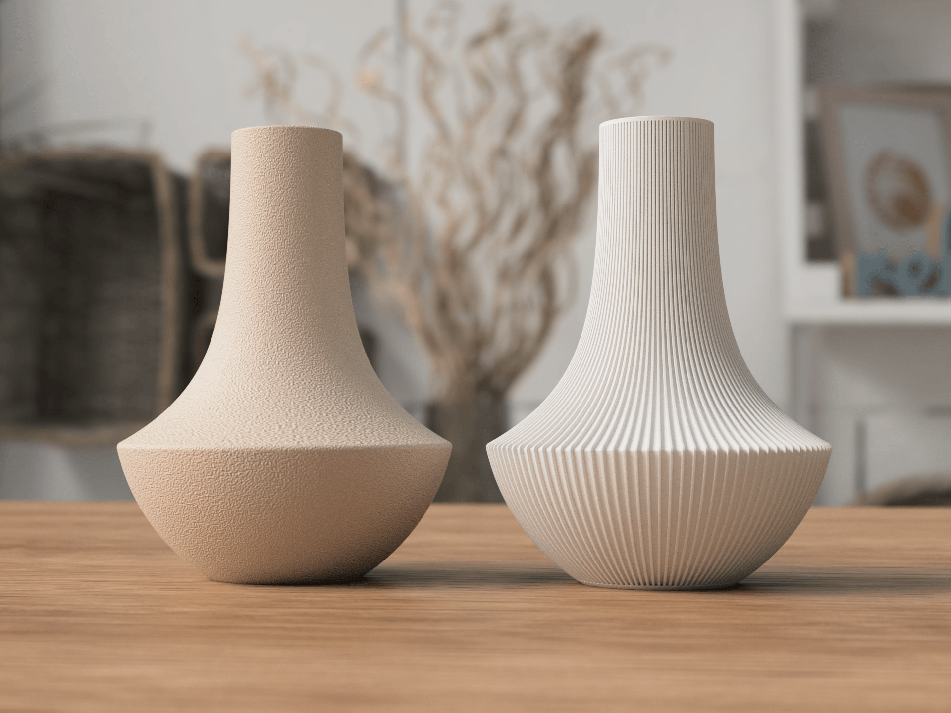 Two white textured vases on a wooden surface with a blurred indoor background