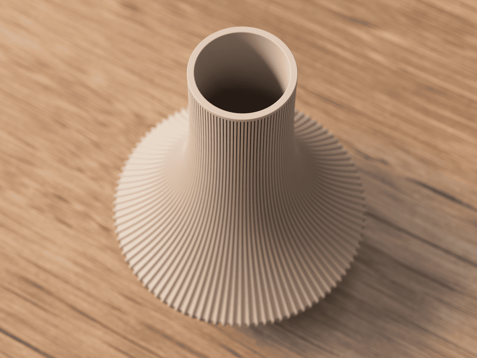 Beige textured vase on a wooden surface