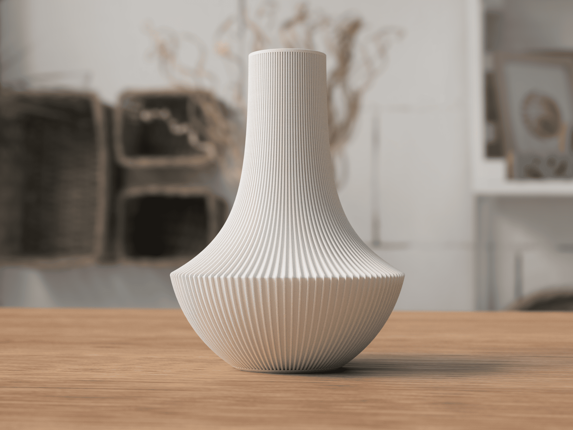 White textured vase on a wooden table with a blurred indoor background