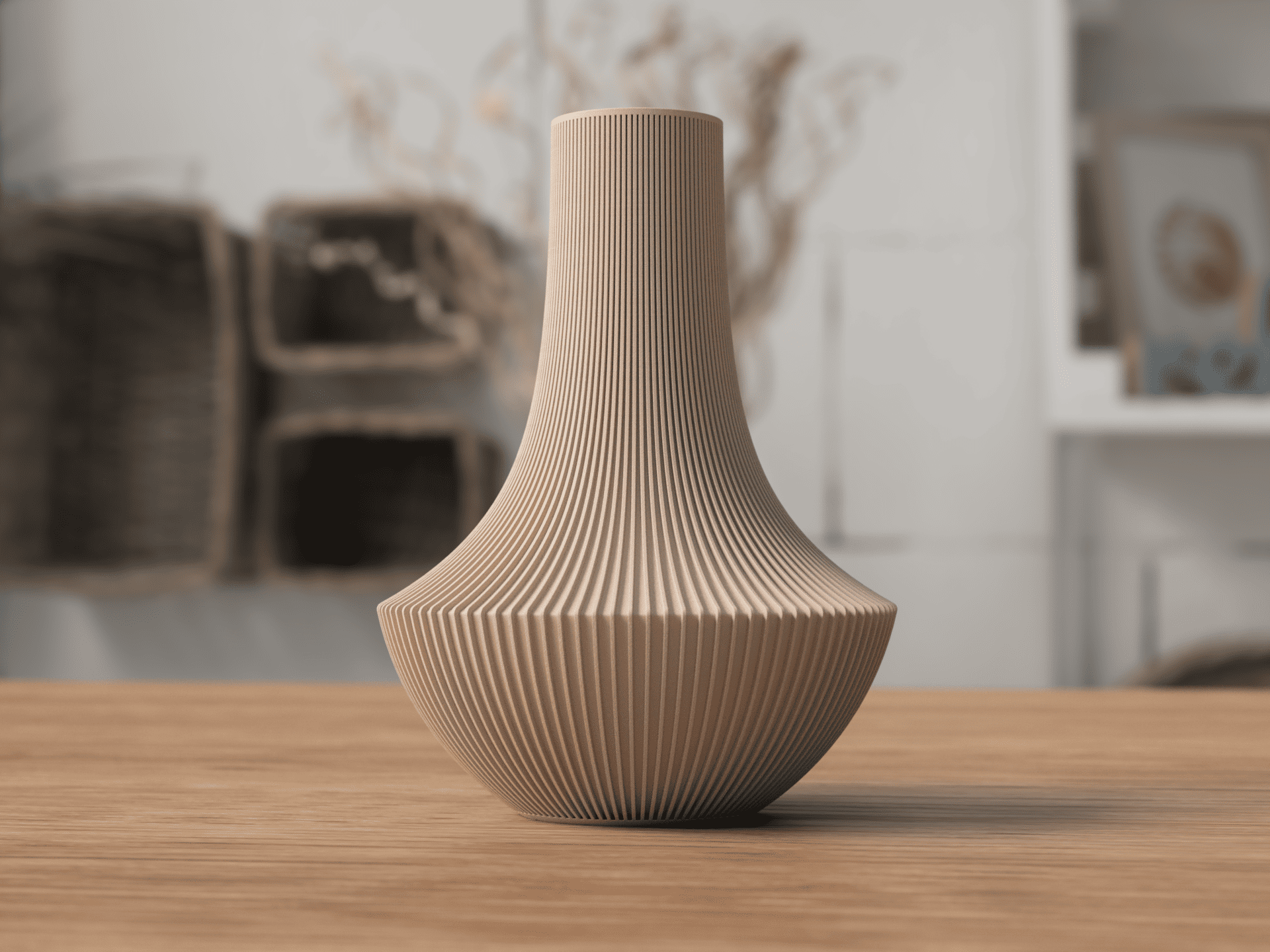 Beige textured vase on a wooden surface with a blurred indoor background