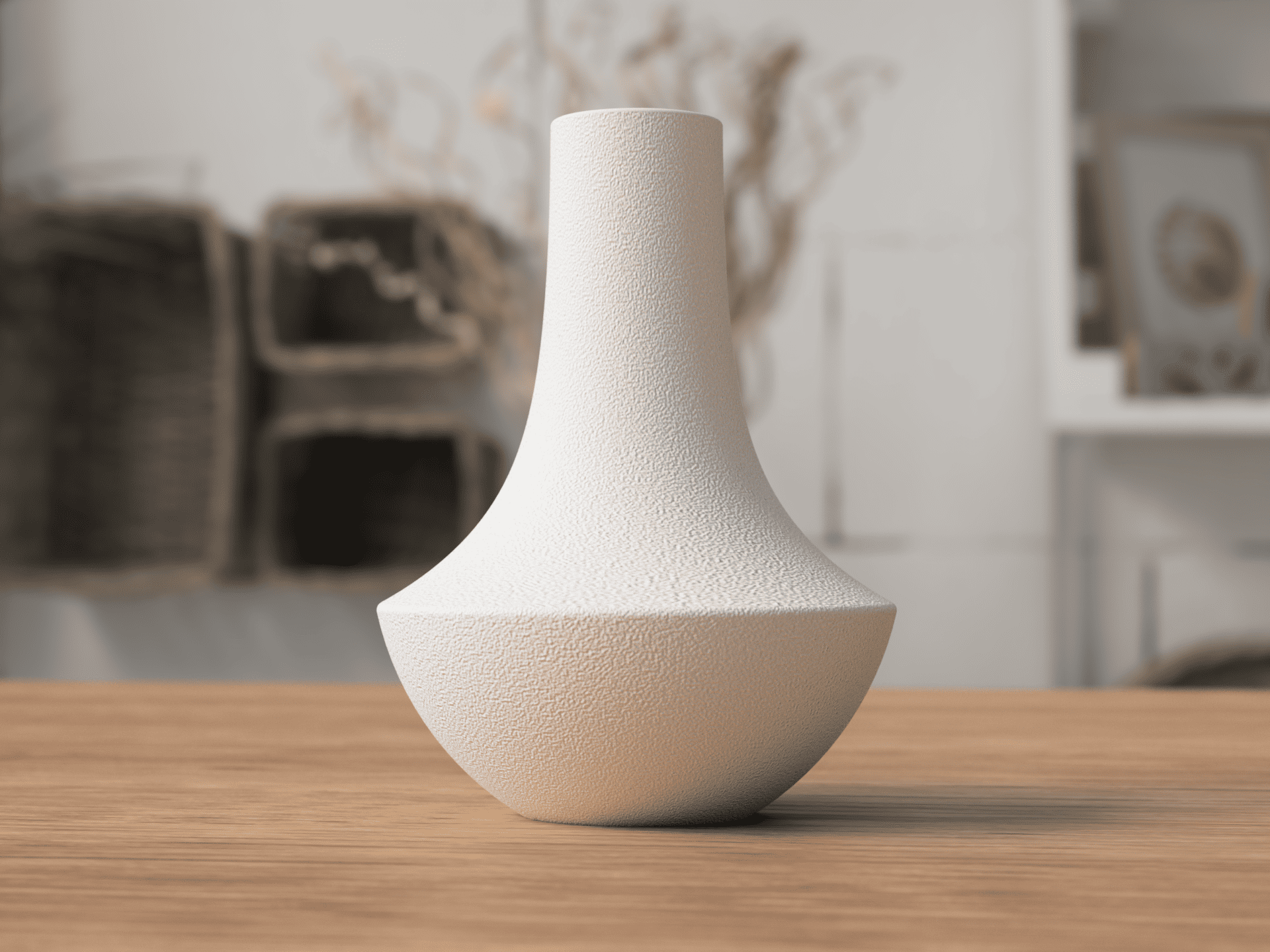 Textured white vase on a wooden surface with a blurred indoor background