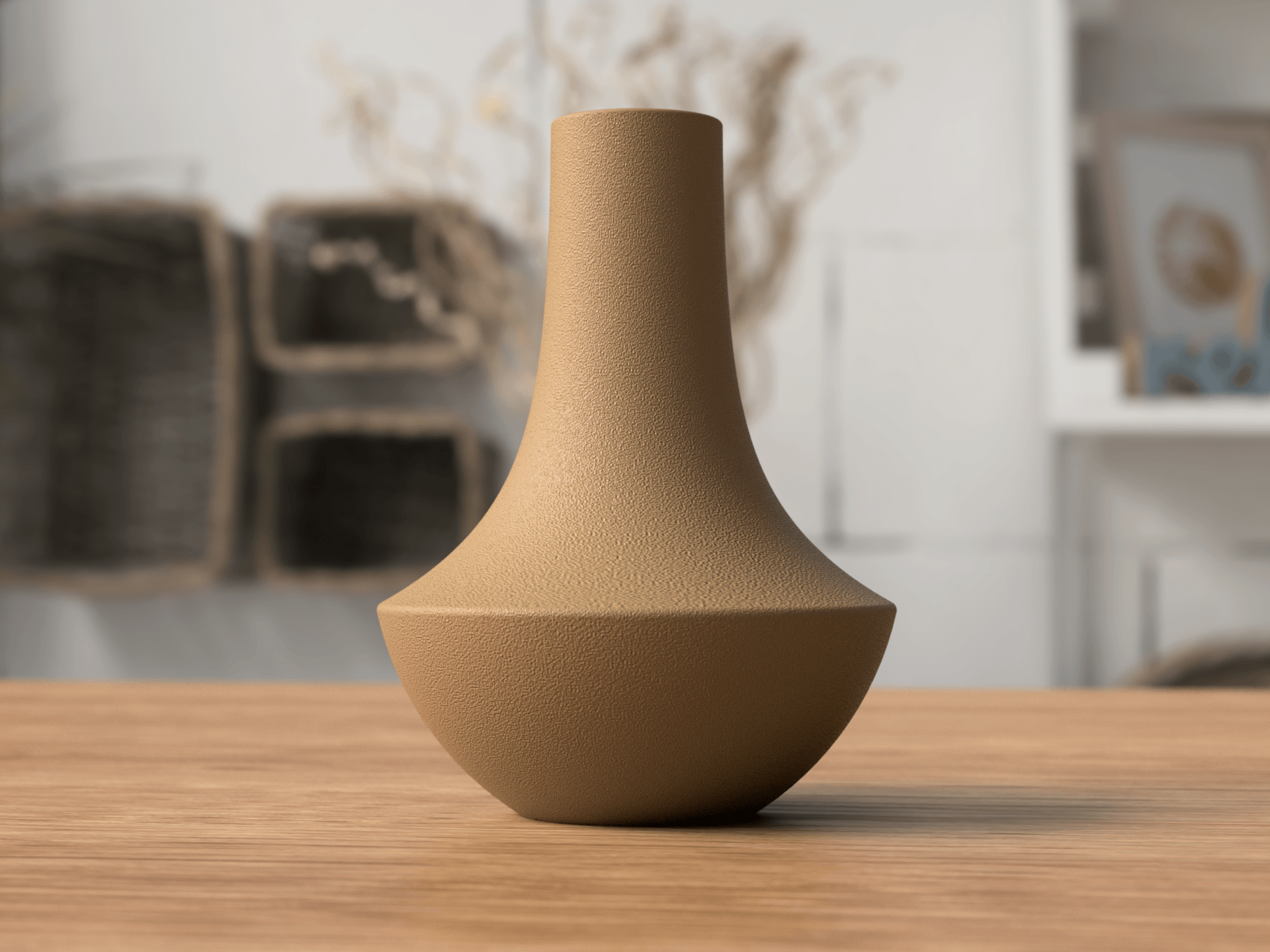 Brown textured vase on a wooden surface with a blurred indoor background