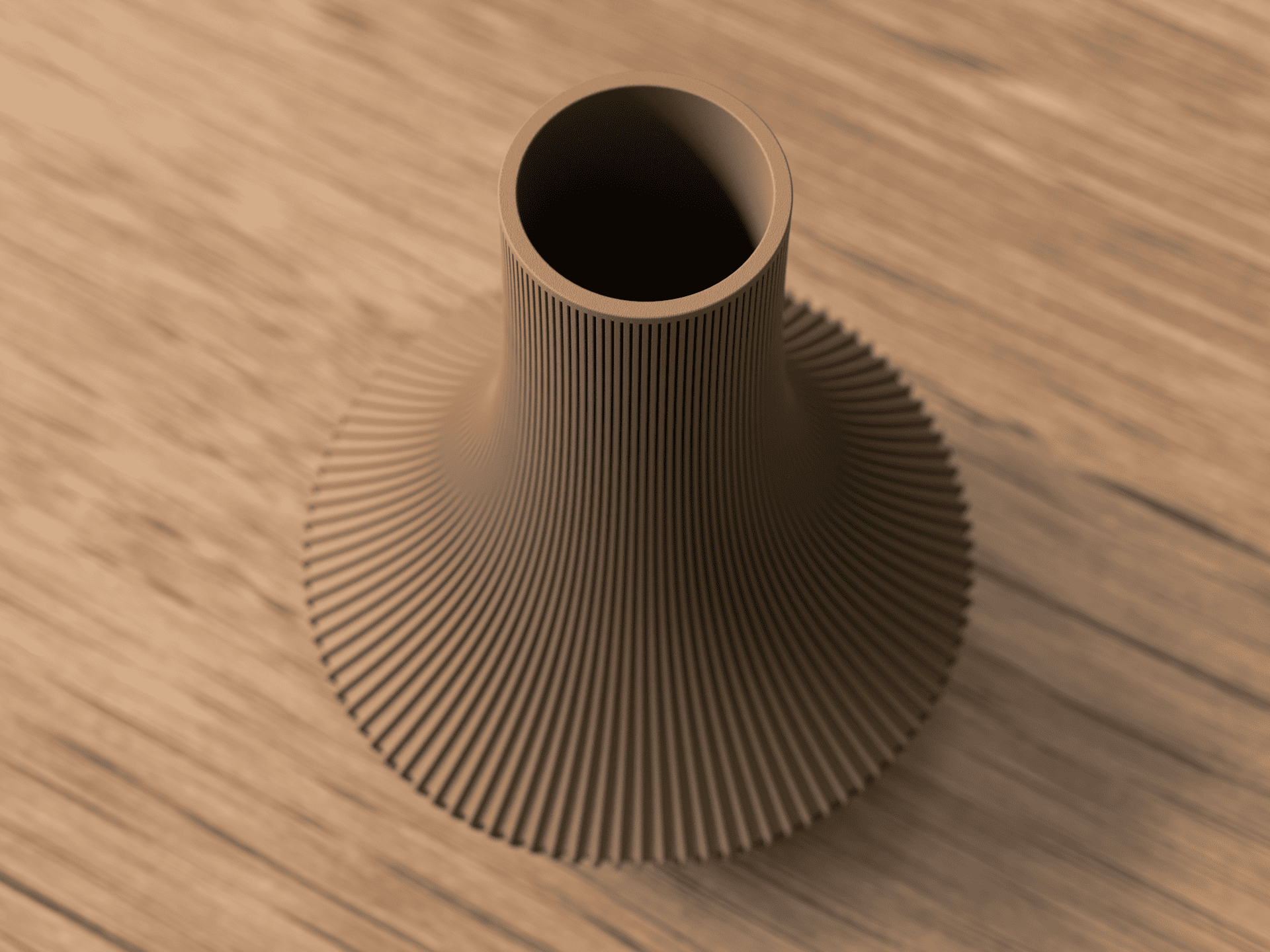 Cardboard vase with textured design on a wooden surface