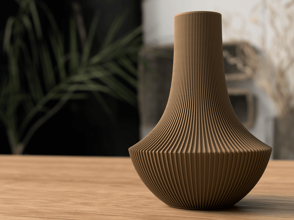 Brown textured vase on a wooden surface with a blurred background