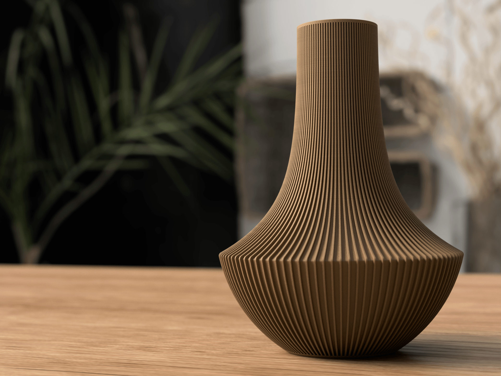 Brown textured vase on a wooden surface with a blurred background