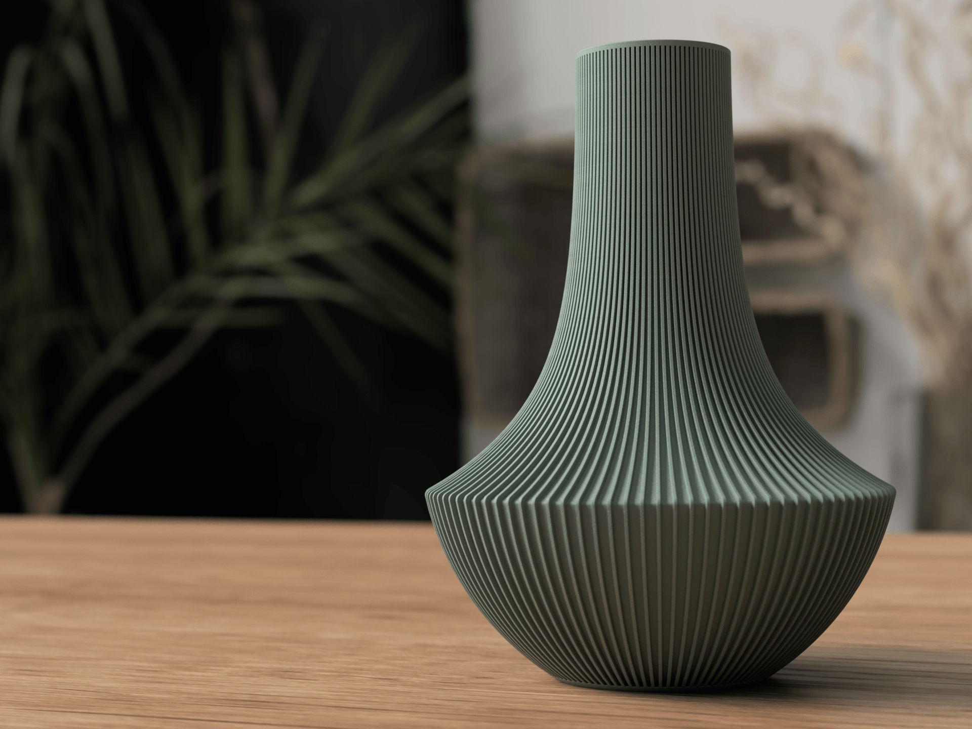 Green textured vase on a wooden surface with a blurred background