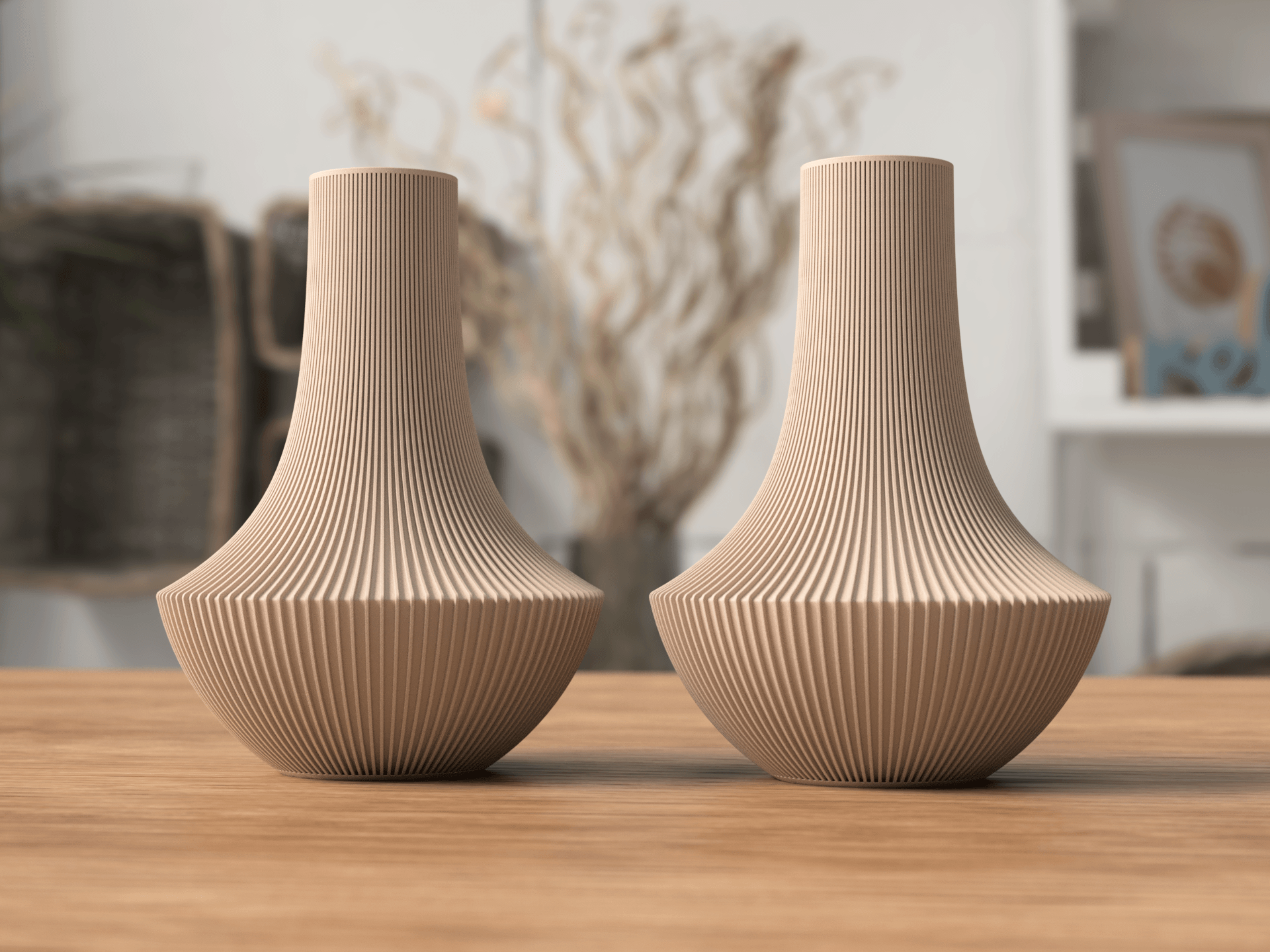 Two beige textured vases on a wooden surface with a blurred indoor background