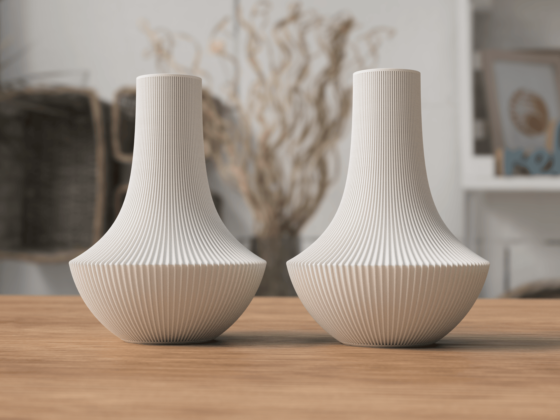 Two white textured vases on a wooden surface with a blurred indoor background