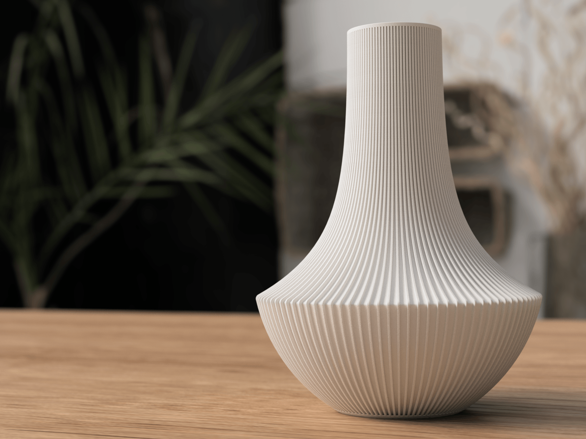 White textured vase on a wooden surface with a blurred background