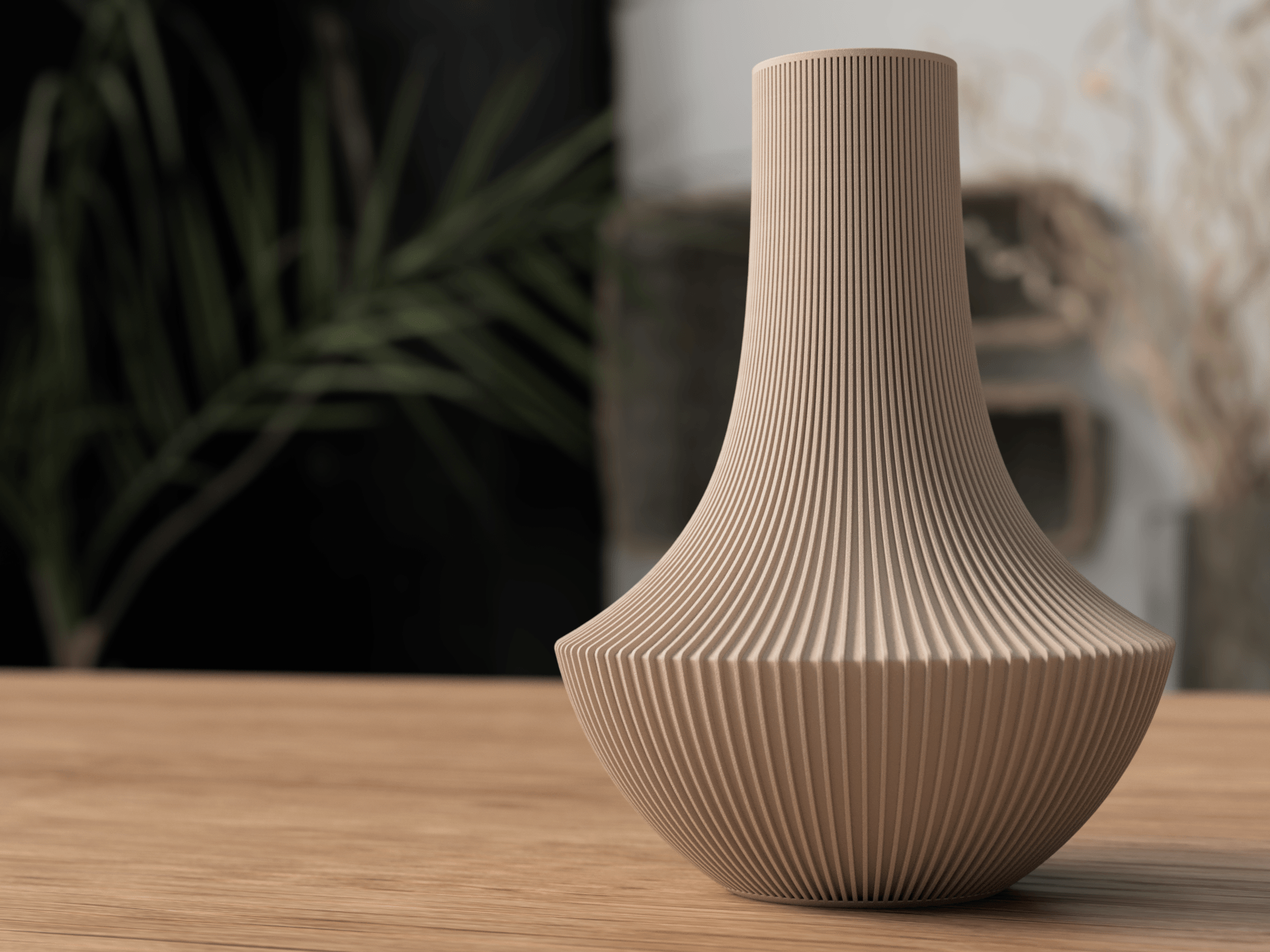 Beige textured vase on a wooden surface with a blurred background
