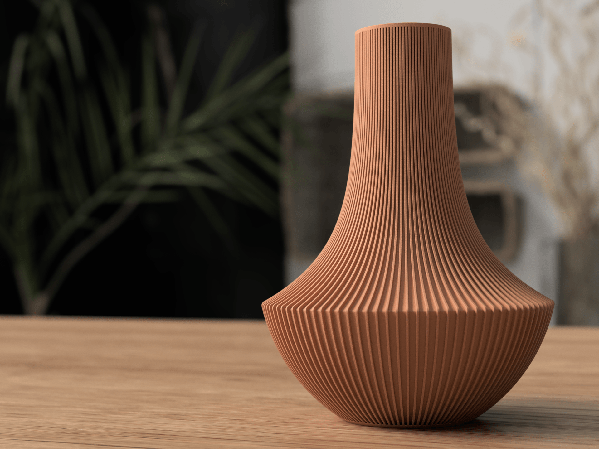 Brown textured vase on a wooden surface with a blurred background