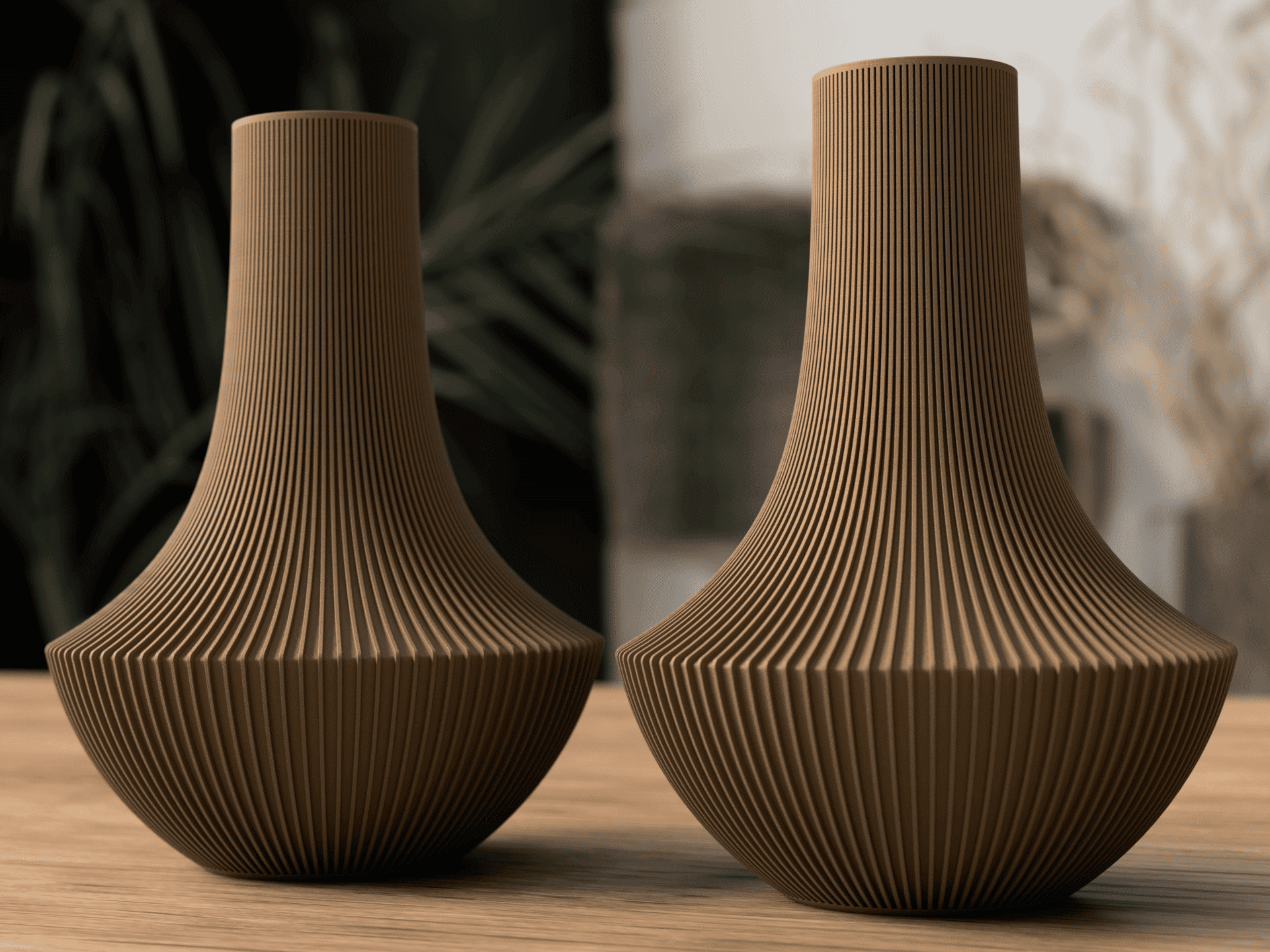 Two brown textured vases on a wooden surface with a blurred background