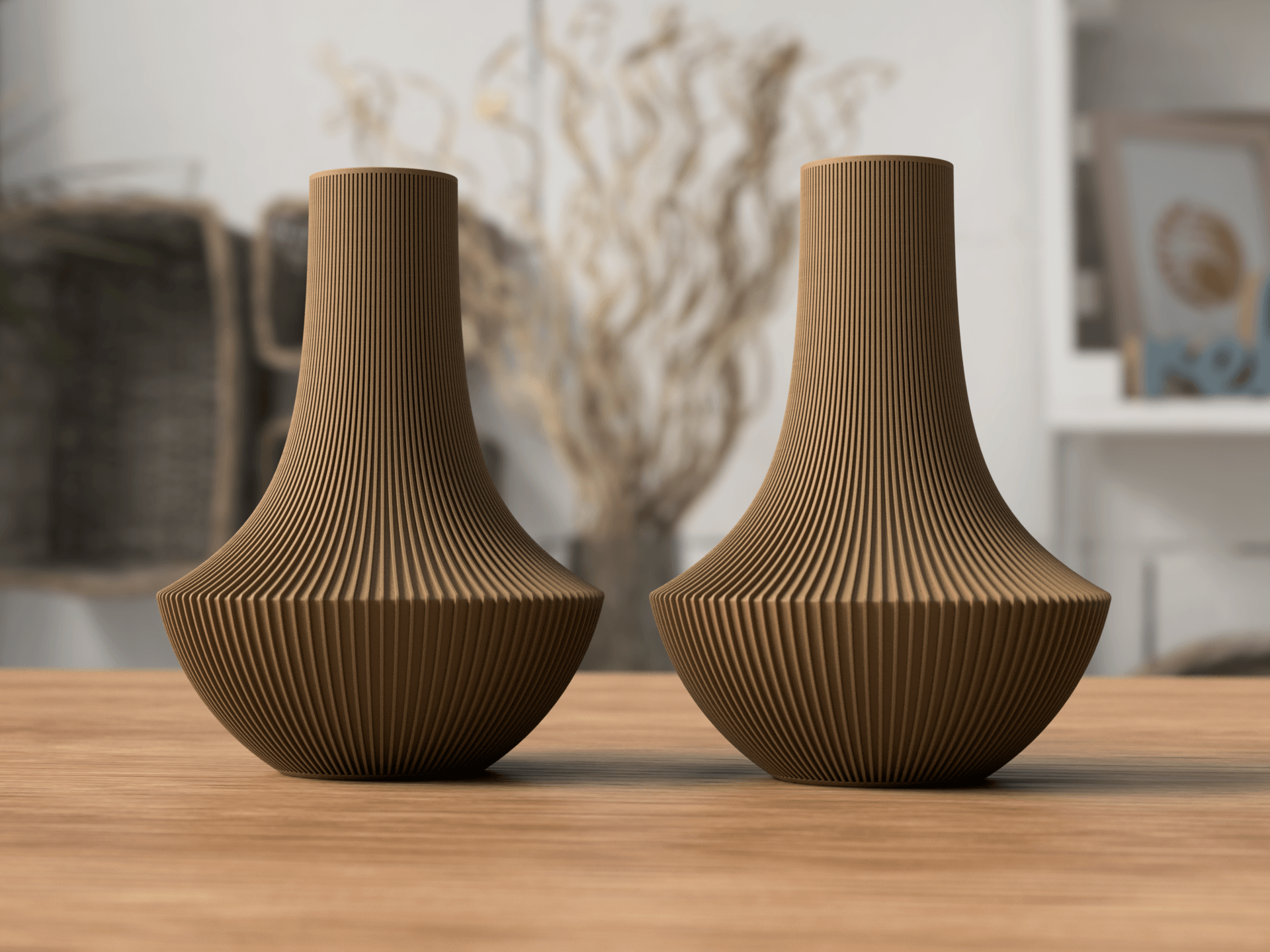 Two brown textured vases on a wooden surface with a blurred indoor background