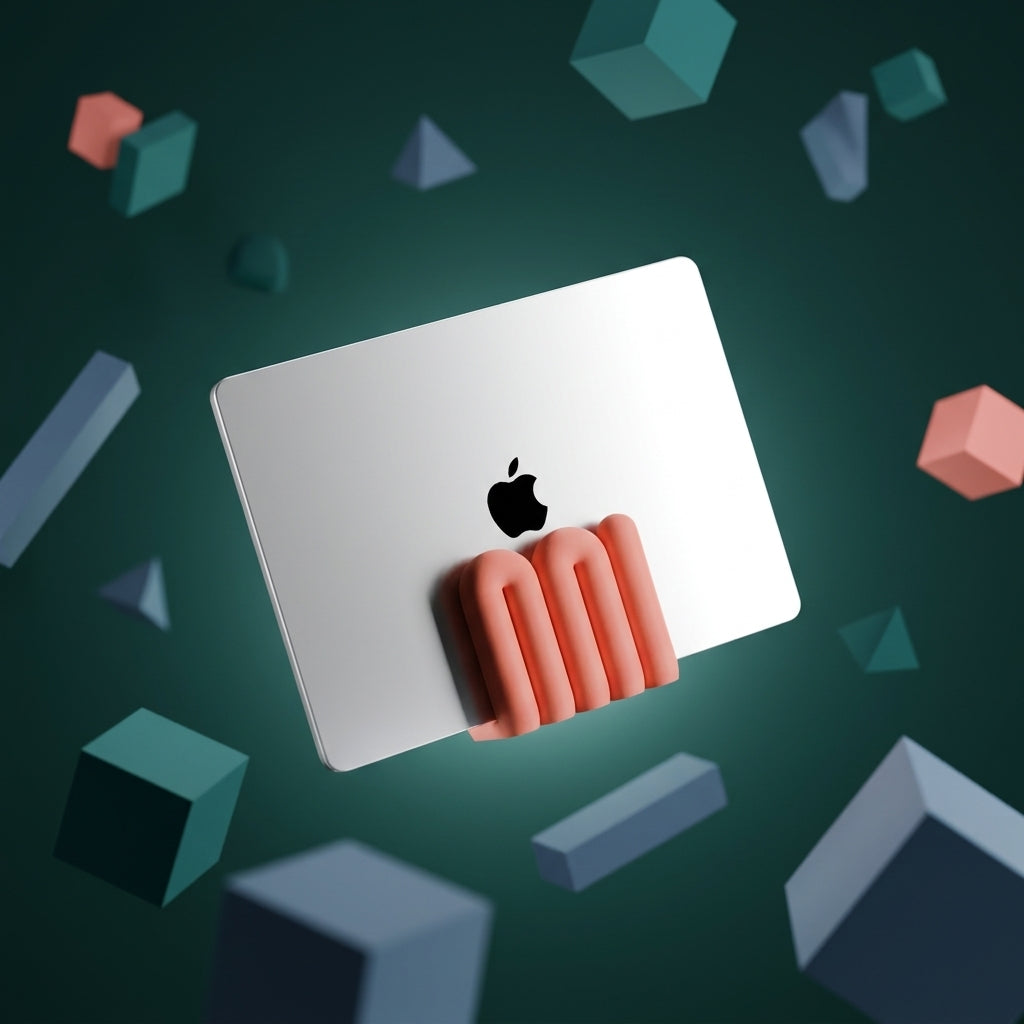 Laptop with Apple logo on a dark green background with geometric shapes