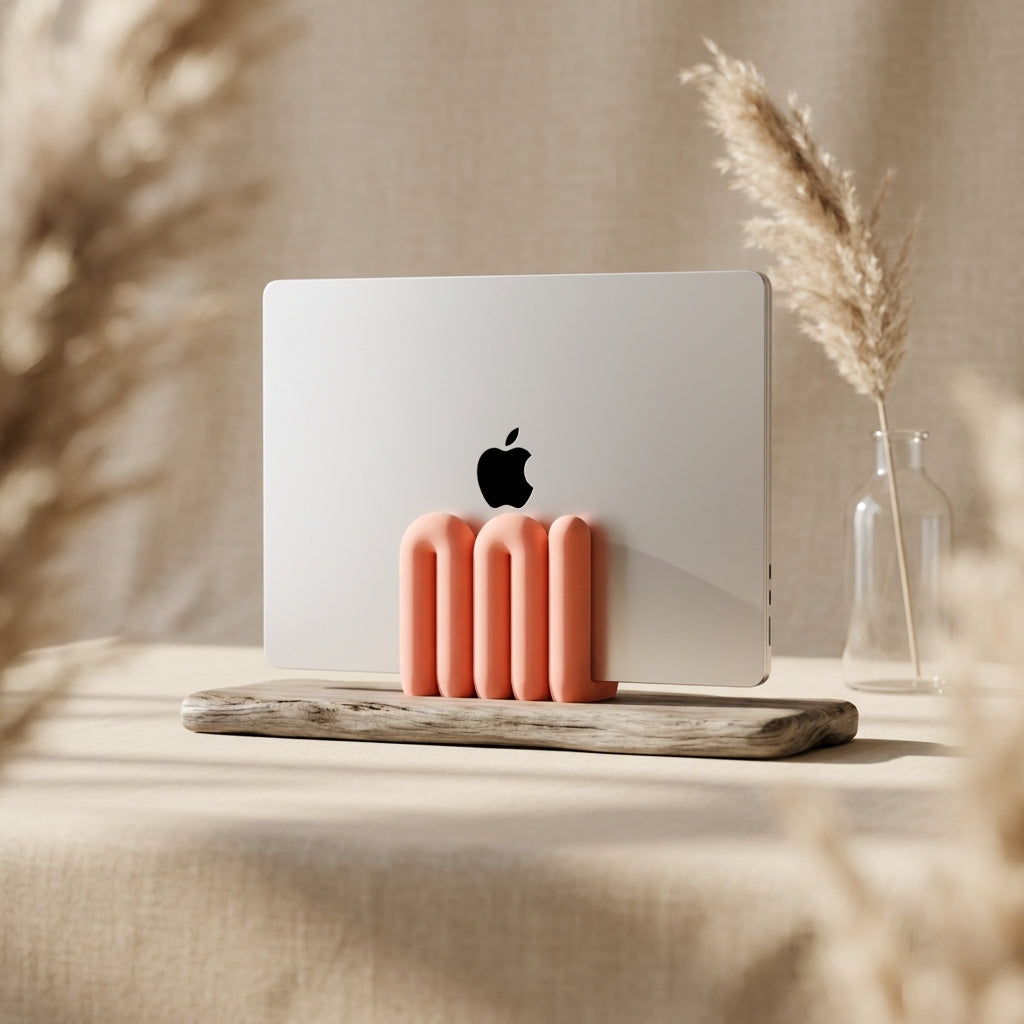 MacBook Pro on a wooden stand with decorative candles and pampas grass in the background