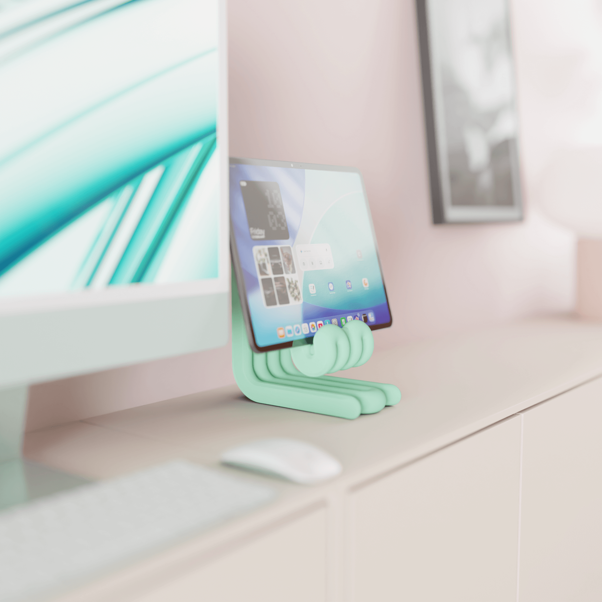 Mint green phone stand on a desk with a computer monitor in the background